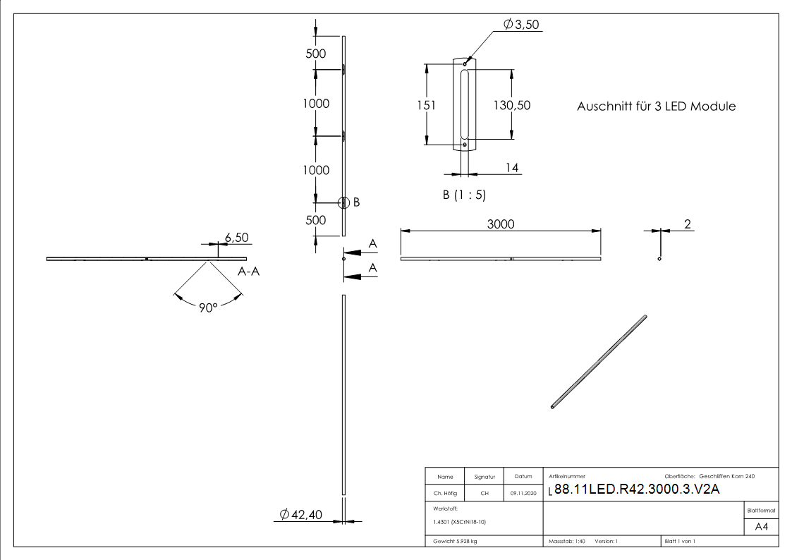 LED-Handlaufrohr V2A 42-4x2-0 mm L 3000 mm mit 3x Ausschnitt geschliffen-88-11LED-R42-3000-3.V2A