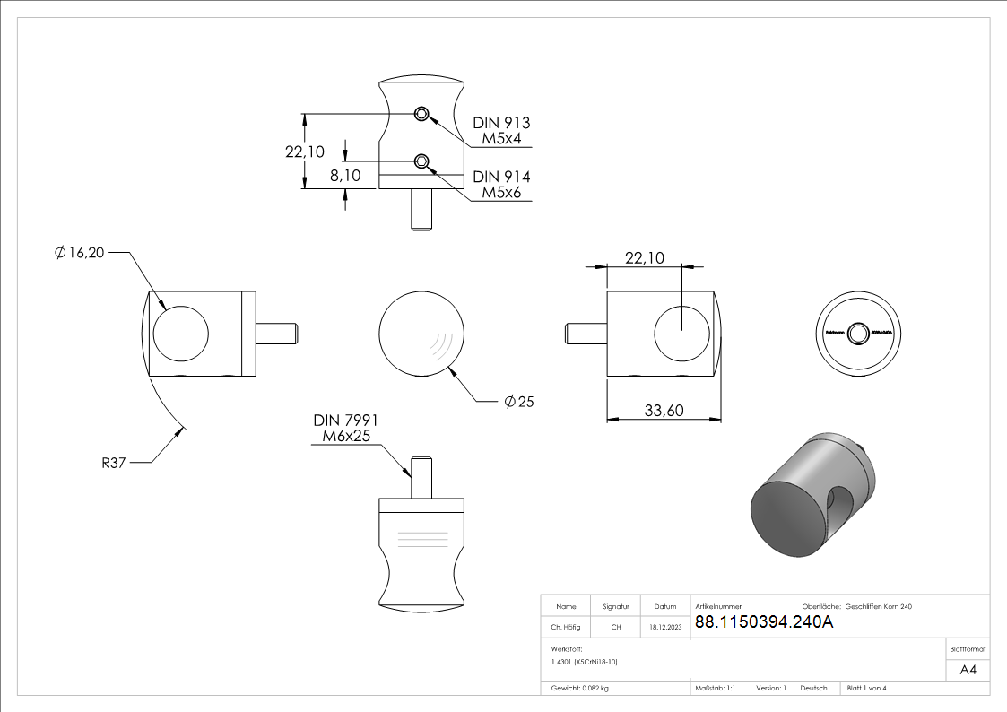Querstabhalter Edelstahl V2A fuer Profil Ø 16 mm- Bohrung Ø 16-2 mm- geschliffen-88-1150394.240A