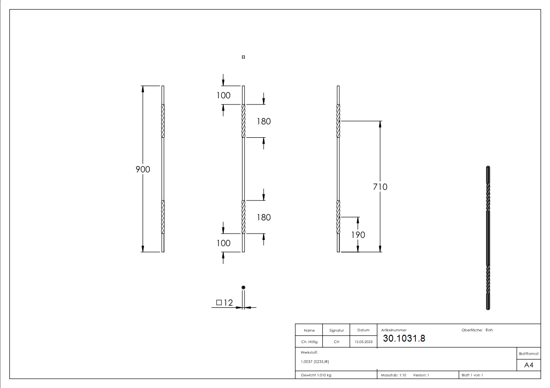 Zwischenstab - Laenge- 900 mm - Material- 12x12 mm - glatt - Stahl S235JR- roh-30-1031.8