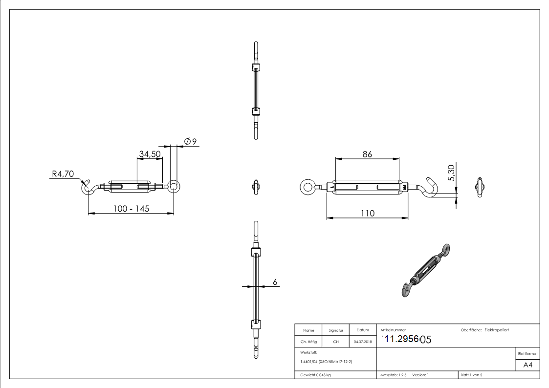 Spannschloss - M5 - M8 - Oese-Haken - mit Links-Rechtsgewinde - V4A-11.2956
