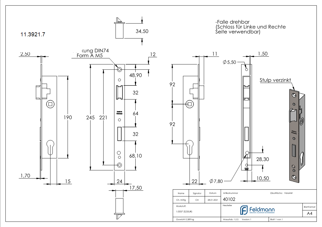 Rohrrahmenschloss verzinkt Abstand 92 mm Dornmass 22 mm-11-3921.7