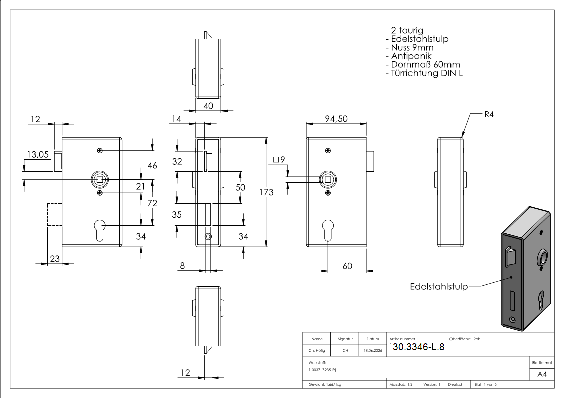 Anti-Panikschloss verzinkt 40 mm Dornmass Wechselfunktion E DIN L-30-3346-L.8