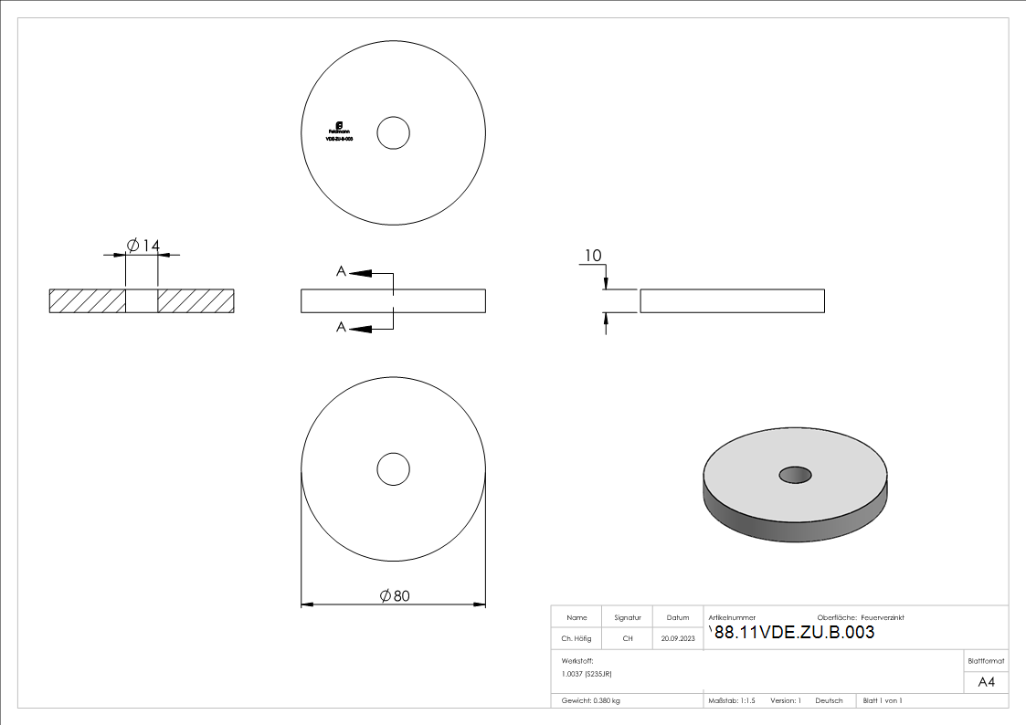 Lastverteilungsplatte rund- d=80x10mm- Stahl feuerverzinkt-88-11VDE-ZU-B.003
