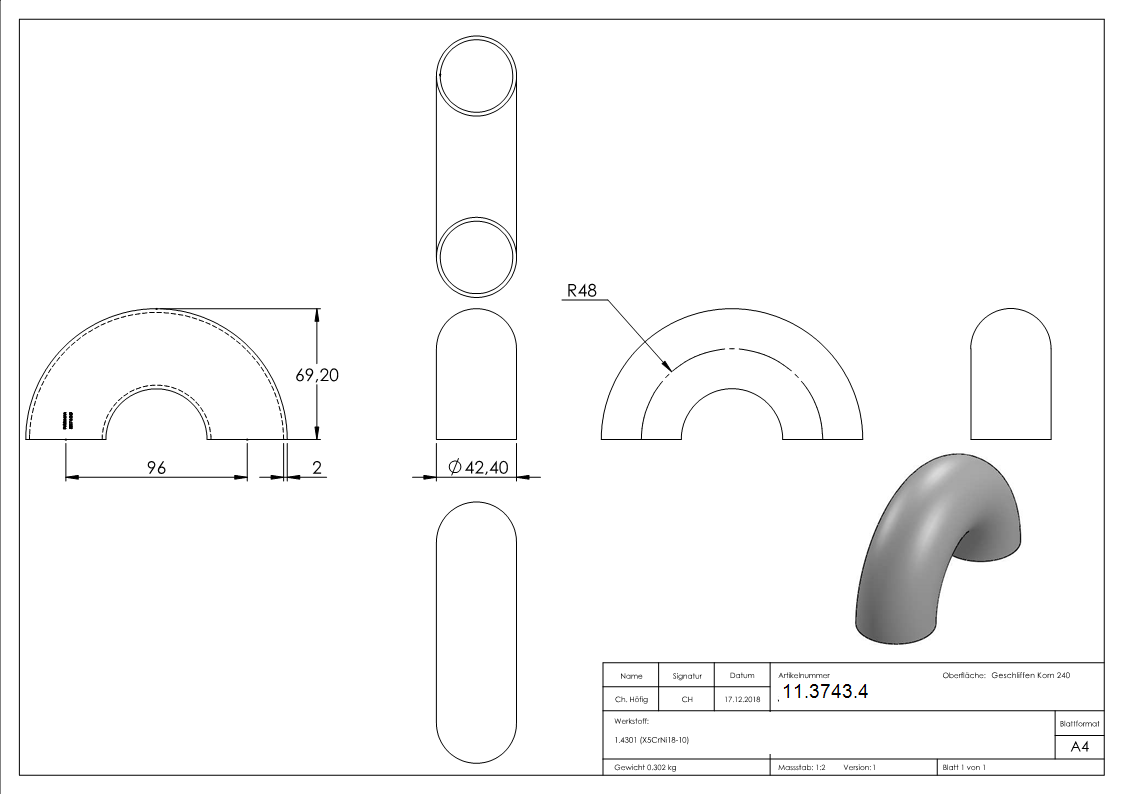 Bogen 180° zum Schweissen fuer Rundrohr- Ø 42-4 mm V2A- Bauart 3-11-3743.4