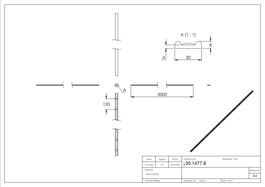 Zier-Hespeneisen 30x8x4 mm Nietenoptik 3000mm Stahl roh-30-1477.8