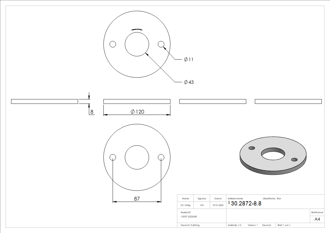 Ankerplatte 120x8 mm 3 Bohrungen -  Stahl roh-30-2872-8.8