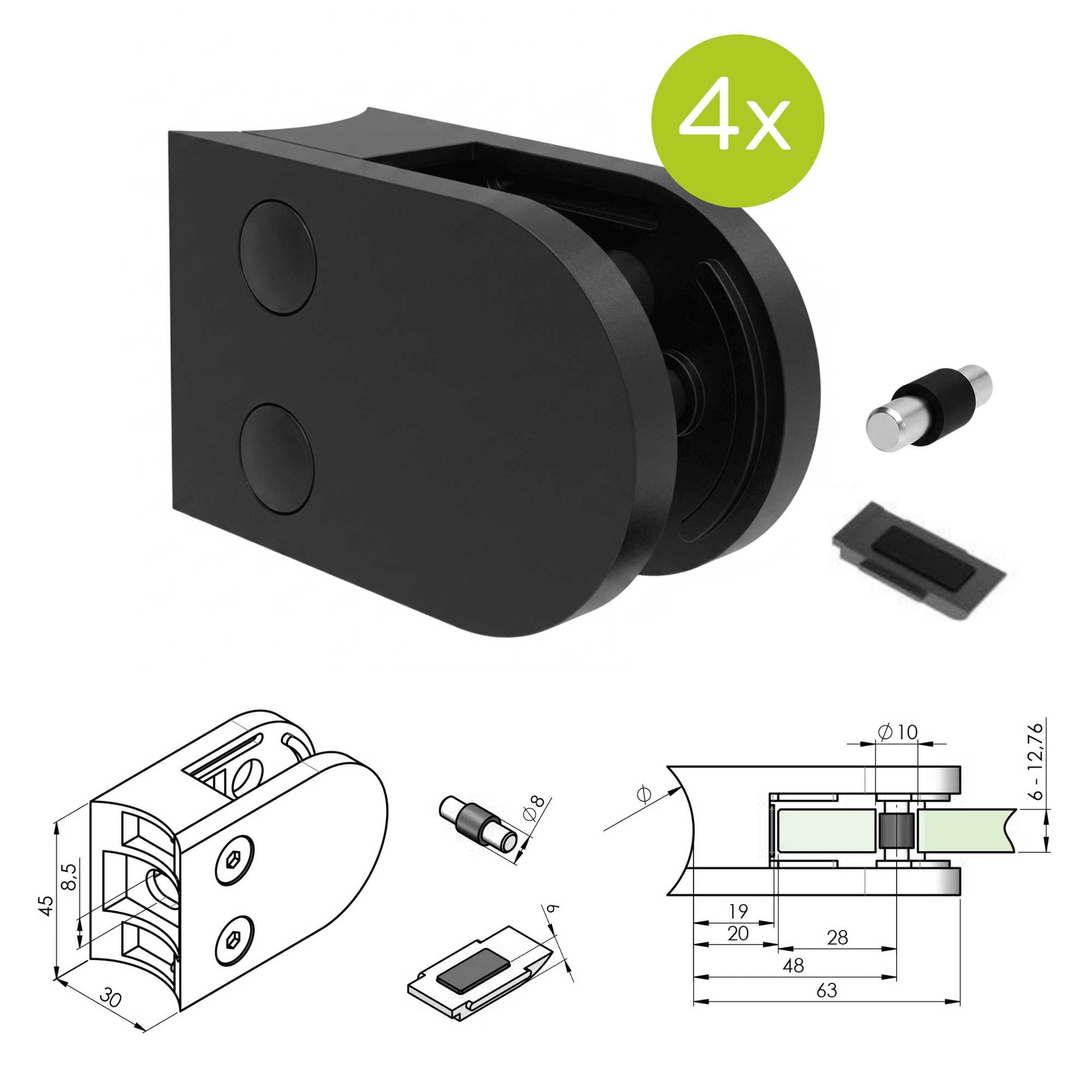 Glashalter V2A fuer Rohr Ø 42-4 mm Schwarz RAL 9004 4er Set-89.ABLACK250P042SET4