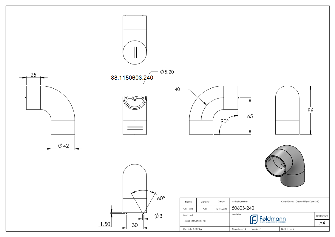 Endbogen 90° fuer 42mm Holzhandlauf- V2A-88-1150603.240