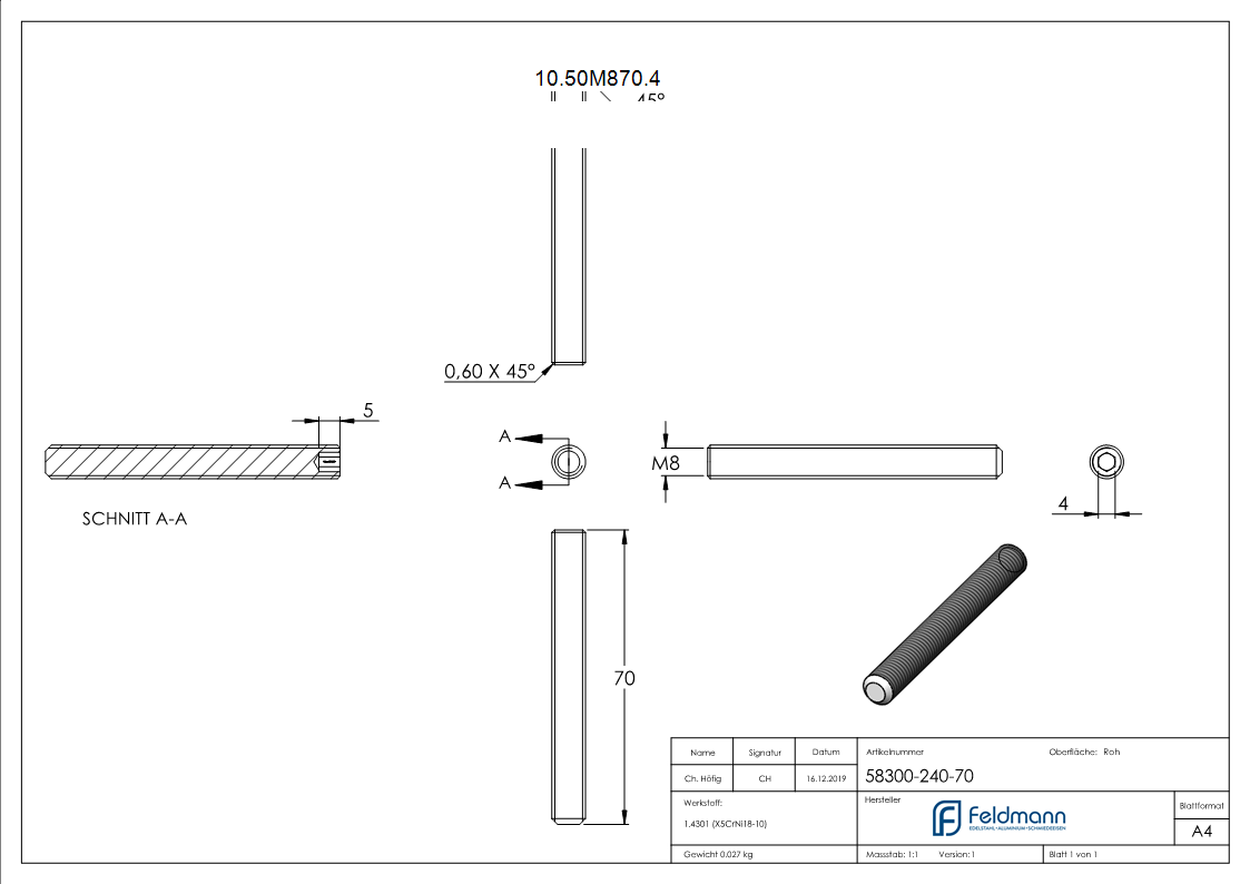 Gewindestift V2A Edelstahl M8x70 Innensechskant Kegelkuppe DIN 913-10-50M870.4
