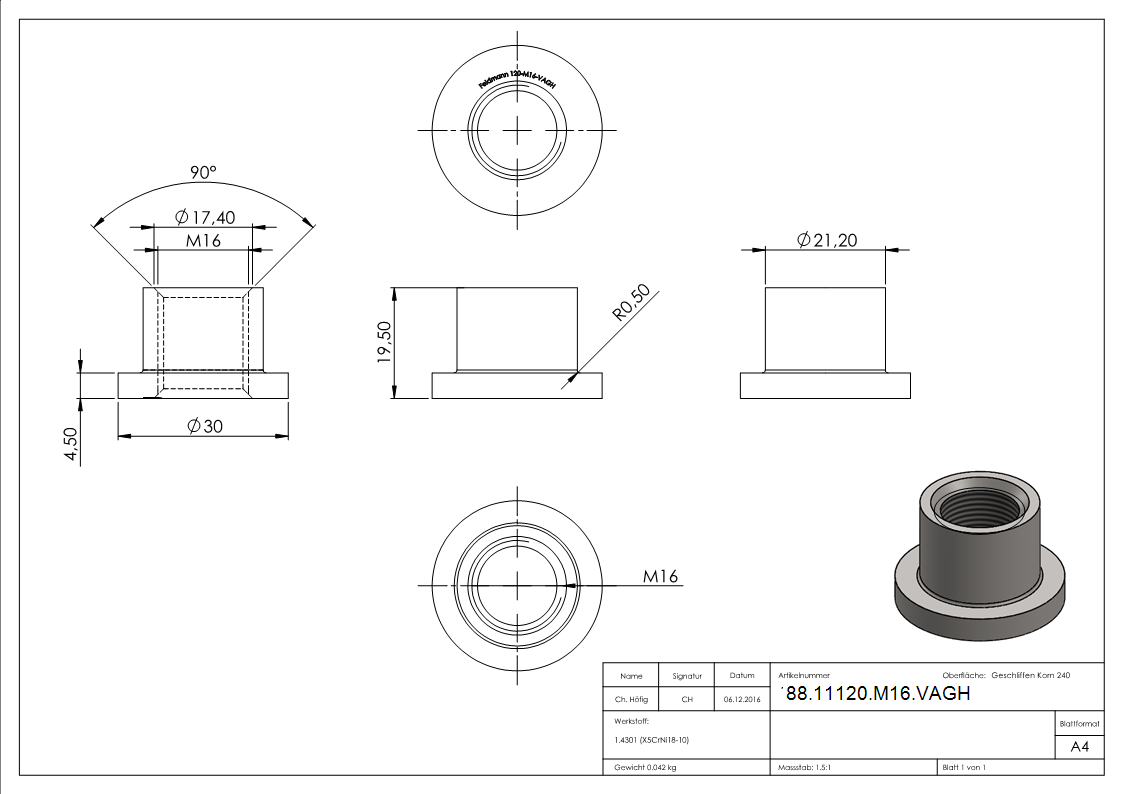 Gewindehuelse Edelstahl V2A M16 fuer Torband-88-11120-M16.VAGH