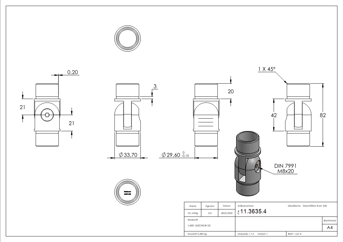 Gelenkstueck V2A fuer Rohr Ø 33-7 x 2-0 mm zum Stecken-11-3635.4