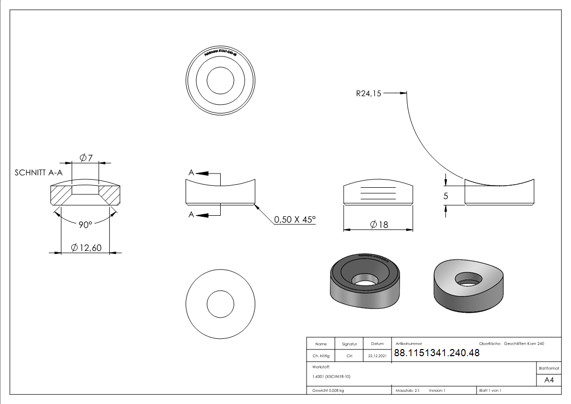 Ausgleichsstueck Edelstahl V2A Ø 18 mm fuer Rohr Ø 48-3 mm- Bohrung Ø 6-5 mm gesenkt-88-1151341-240.48