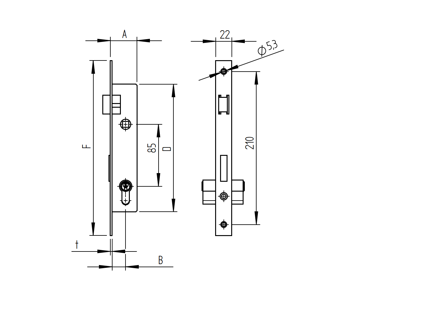 Einsteckschloss Edelstahl AISI 304 fuer JP Profil 50x30 mm Axialabstand 85 mm Schliff-89-11B83030X85-A.4