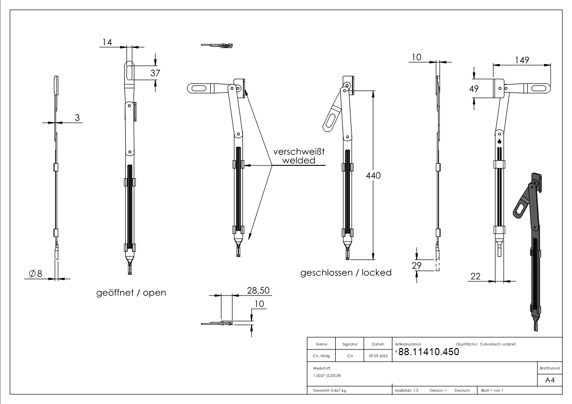 Torriegel Stahl galvanisch verzinkt L = 450 mm zum Anschweissen-88-11410.450