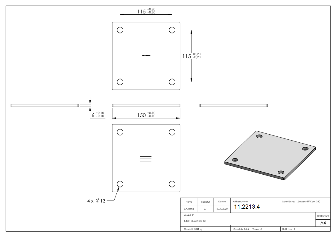 Ankerplatte Masse- 150 x 150 x 6 mm mit 4 Bohrungen á Ø 14 mm V2A-11-2213.4