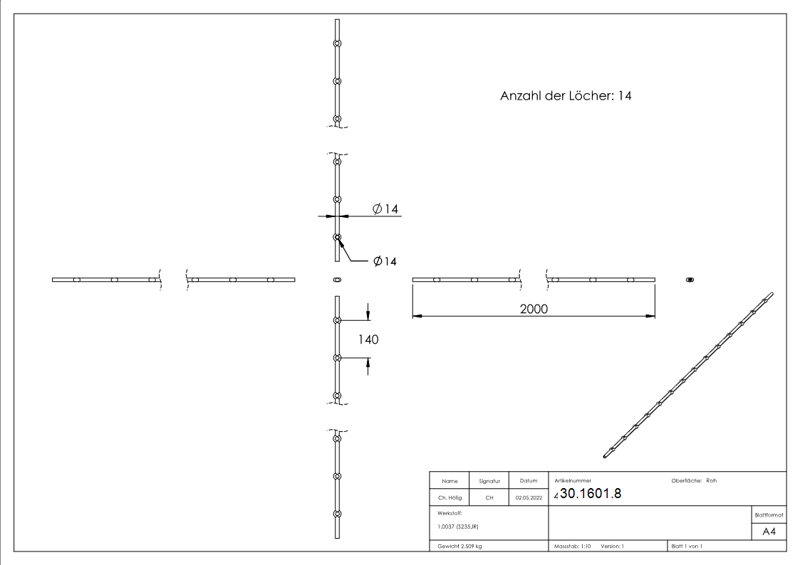 Lochleiste mit Rundloch Material- Ø 14 mm Laenge- 2000 mm Stahl -Roh- S235JR-30-1601.8