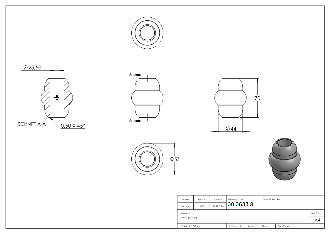 Zierhuelse - Masse- 57x70 mm - Lochung- Ø 25-5 mm - Stahl S235JR- roh-30-3633.8