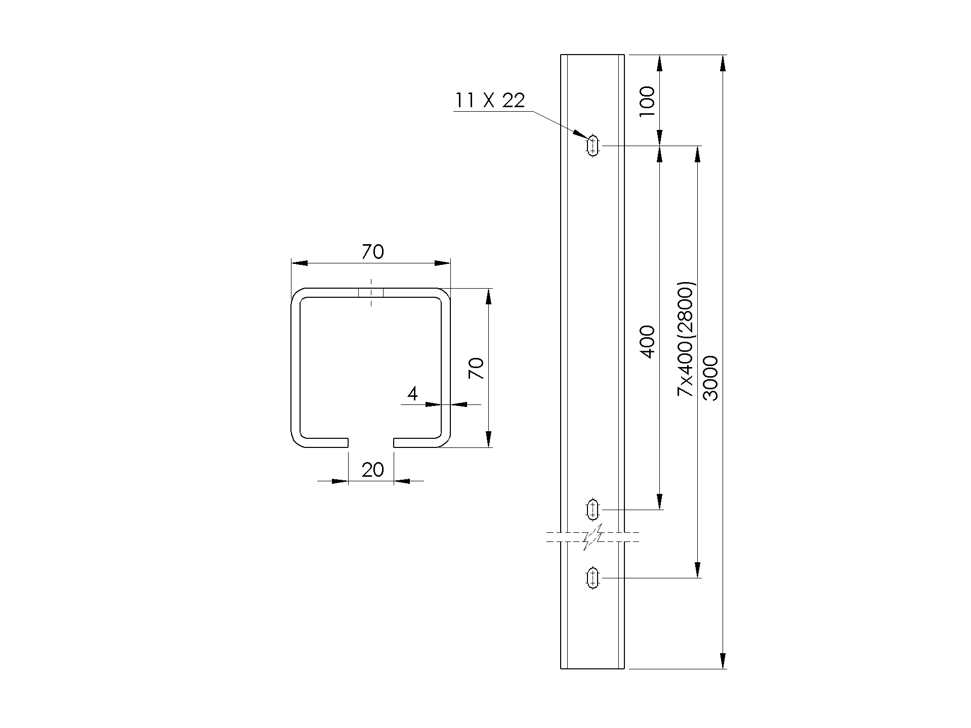 Fuehrungsprofil Stahl verzinkt 70 x 70 mm L = 3000 mm mit Befestigungsloechern-89-11H0270X70ZND3000-A.4