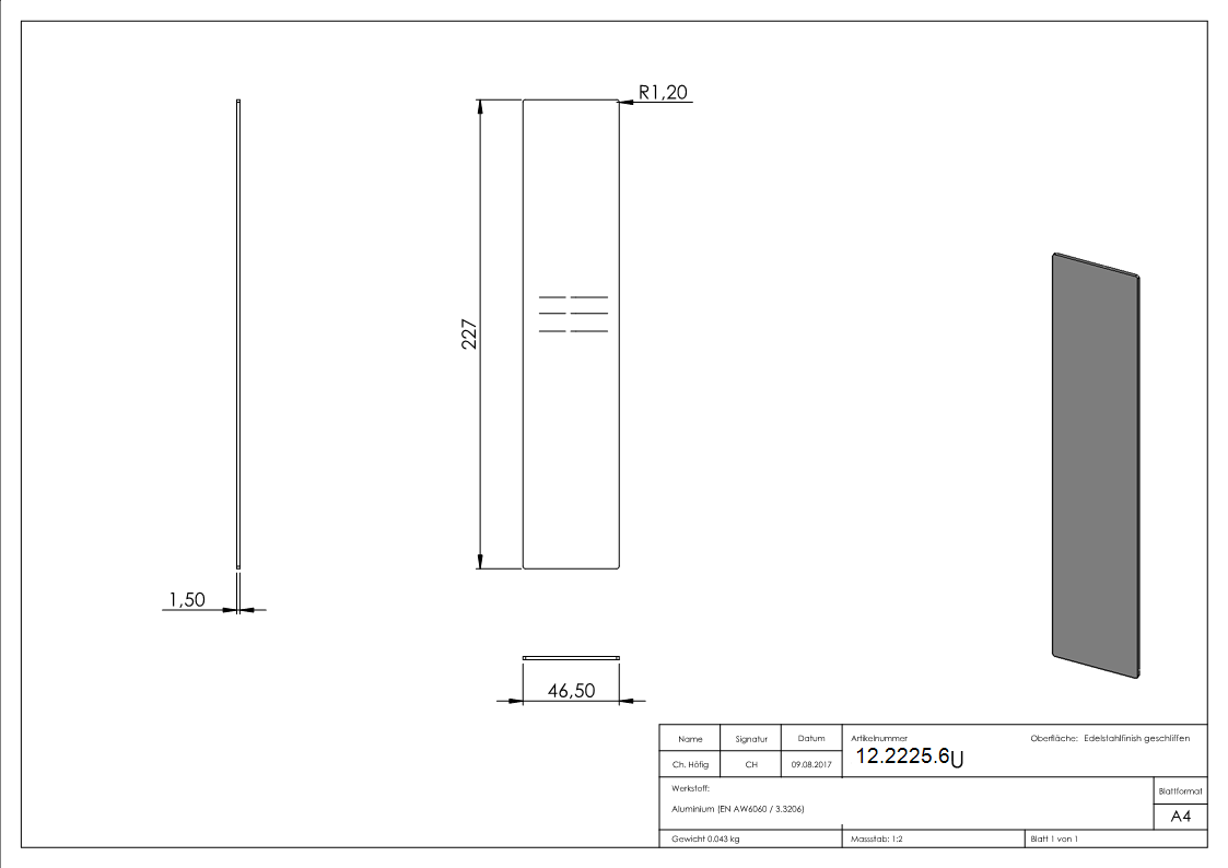 Endkappe - fuer Ganzglasgelaender - Masse- 227x46-5x1-5 mm - Aluminium-12-2225.6