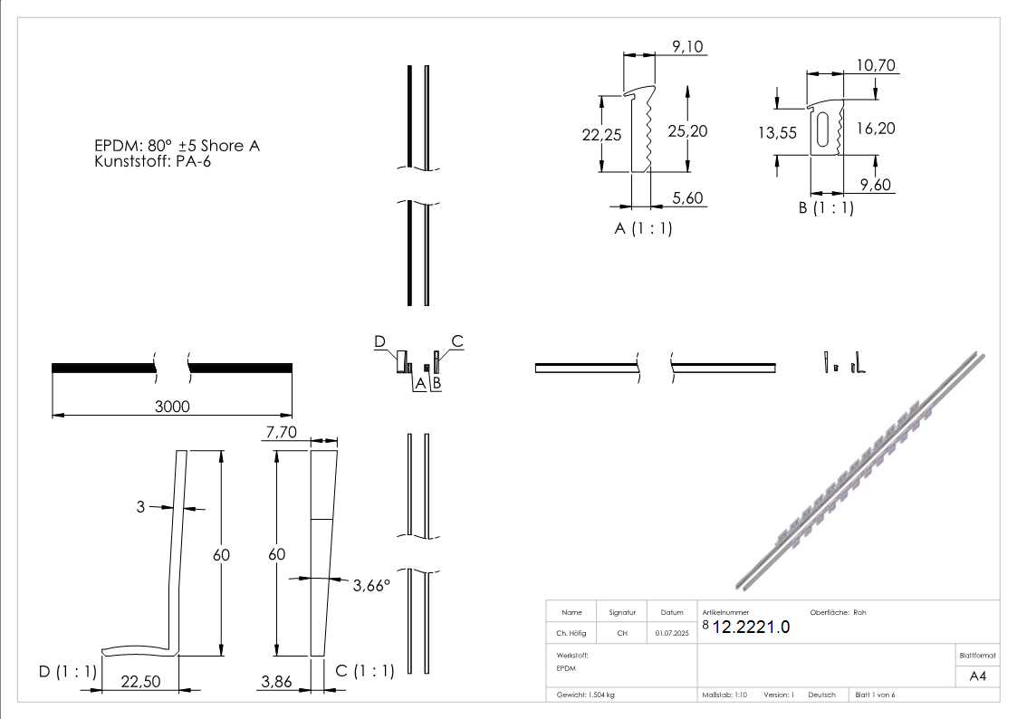 Gummiset - fuer Glas- 16-76-17-52 mm - Laenge- 3000 mm-12-2221.0