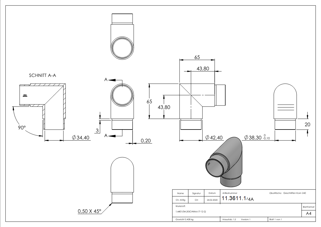 Eckbogen 90°- fuer Rundrohr Ø 42-4x2-0 mm V4A-11-3611.1