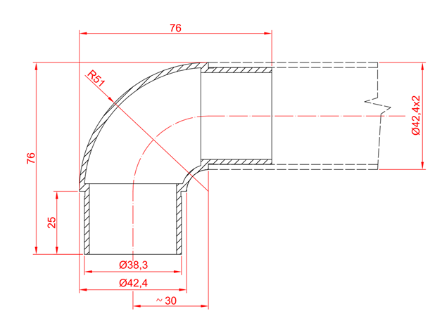 Rohrbogen 90° - zum Kleben - fuer Rundrohr- Ø 42-4x2 mm - V2A-11-3601-A.4