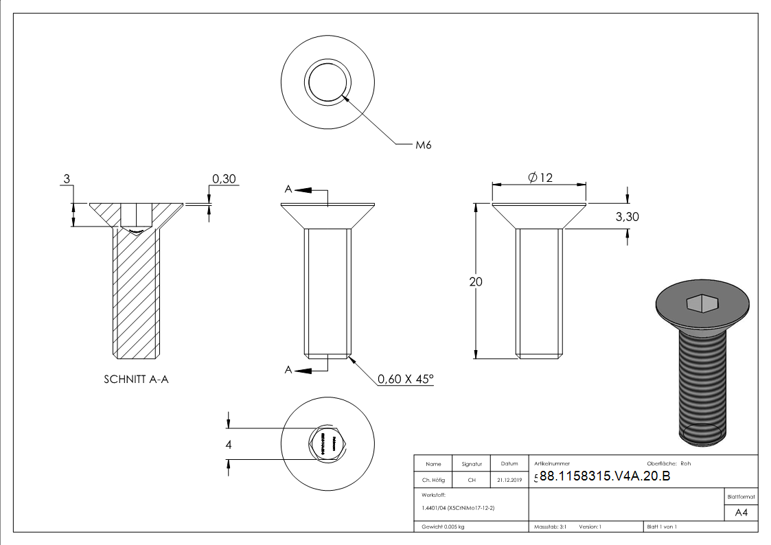 Senkkopfschraube V4A M6 x 20 mm mit Precote 85-88-1158315-V4A-20.B