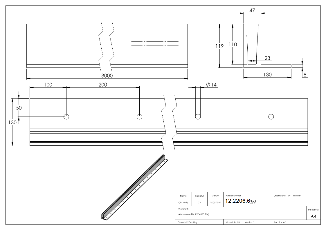 Alu-Profil - MASSIV - Laenge- 3000 mm - aufgesetzte Montage - Aluminium-12-2206.6