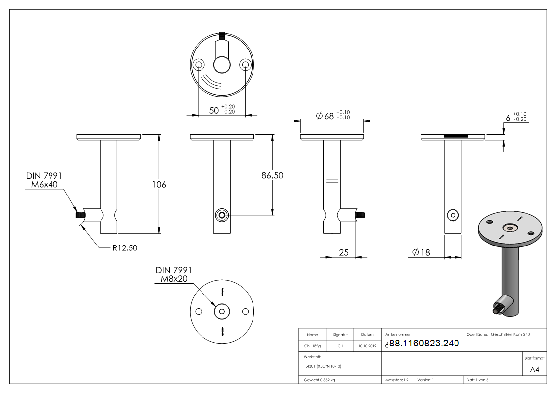 Laufschienenhalter V2A 110 mm Hoehe 60 mm Ø M6-88-1160823.240