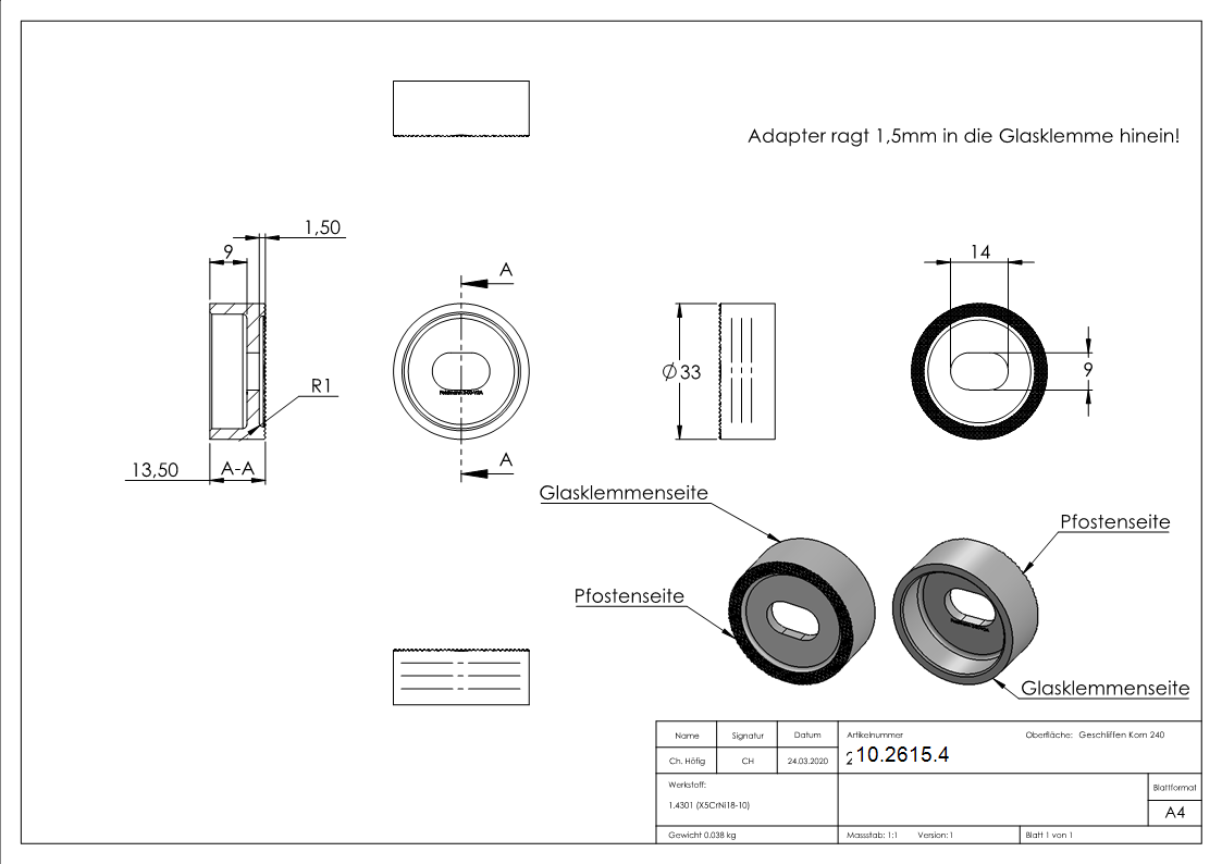 Anschlussstueck - Adapterstueck - fuer flachen Anschluss - V2A-10-2615.4
