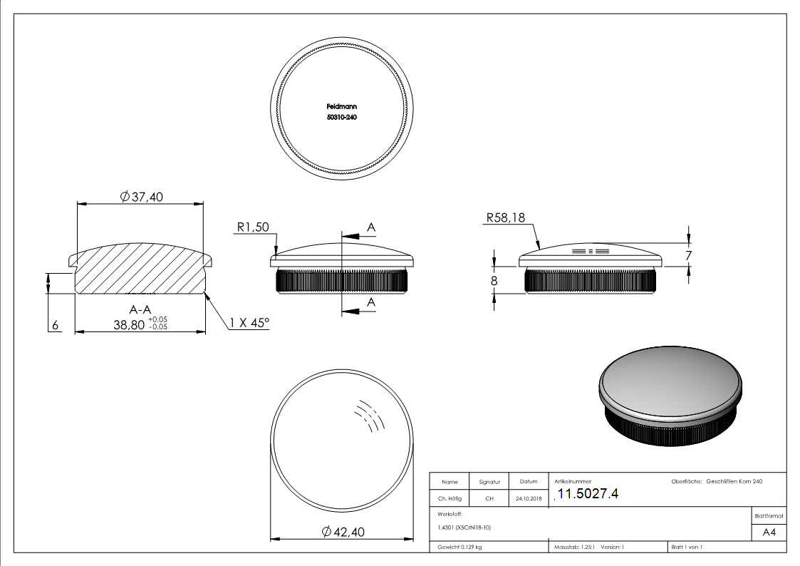 Rohrabschlussstopfen- fuer Rohr 42-4x2-0mm- leicht gewoelbt- zum Einschlagen- mit Raendelung- V2A-11-5027.4
