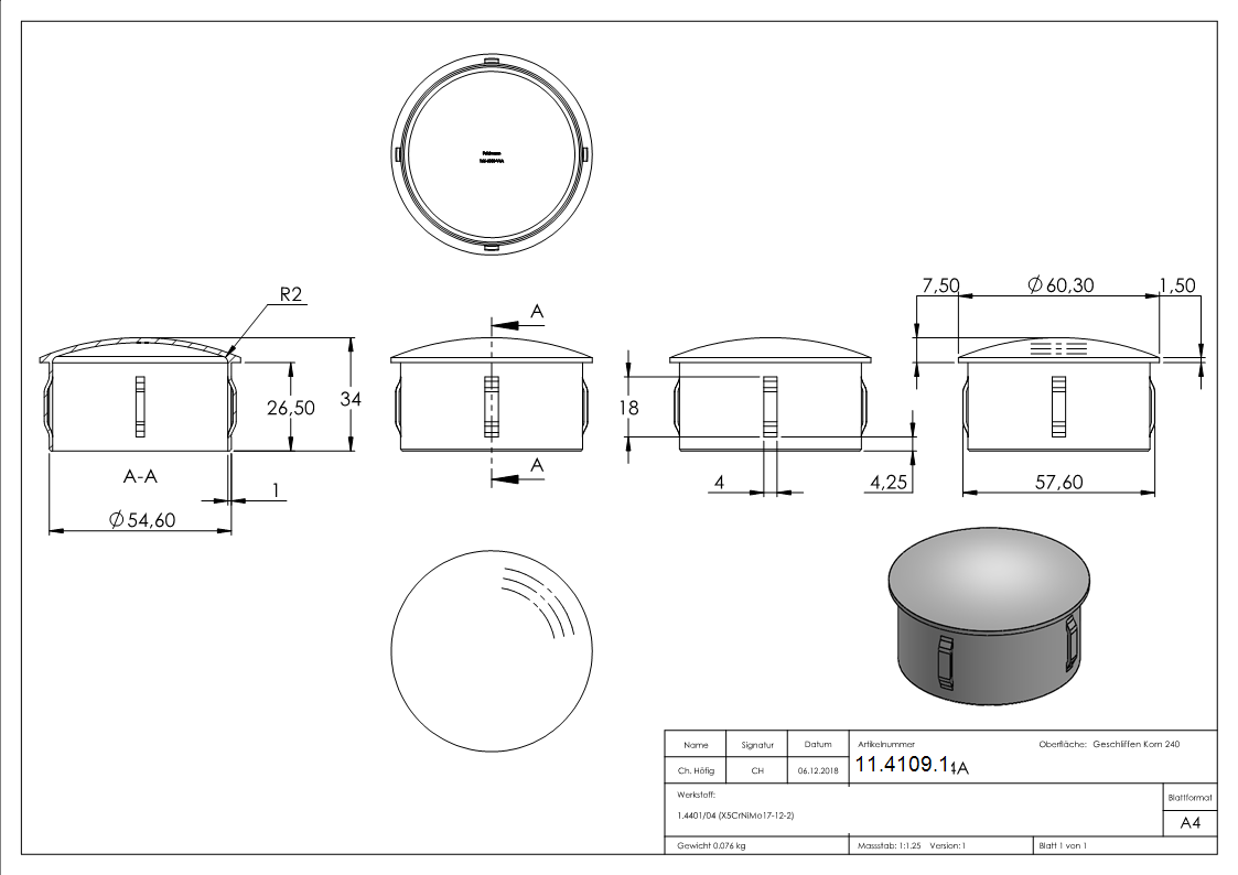 Rohrstopfen fuer Ø 60-3x2-0-2-5 mm leicht gewoelbt zum Einschlagen V4A-11-4109.1