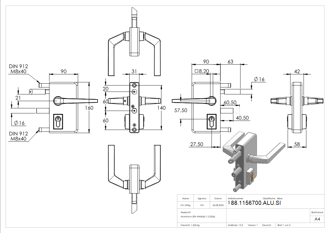 Gittertorschloss GTS 2 fuer Rohrstaerke 40-60mm- montagefertiges Set- silber-88-1156700-ALU.SI