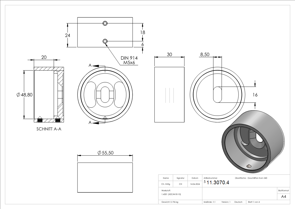 Wandbefestigung  zum Klemmen fuer Rundrohr  Ø 48-3 mm - V2A-11-3070.4