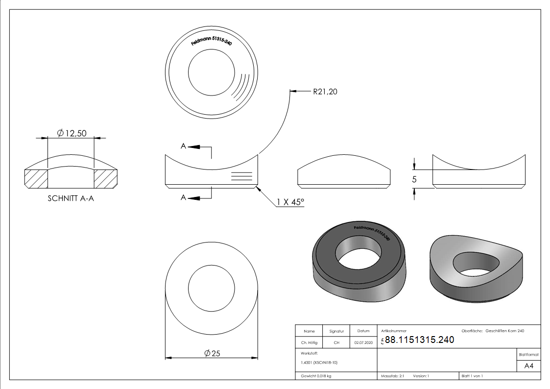 Ausgleichsstueck Edelstahl V2A fuer Rohr Ø 42-4 mm- Ø 25 mm- Bohrung Ø 12-5 mm ohne Senkung-88-1151315.240