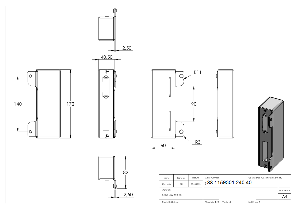 Gegenkasten Edelstahl V2A fuer Abstand 72 mm- 40 mm- zum Anschweissen- geschliffen Korn 240-88-1159301-240.40