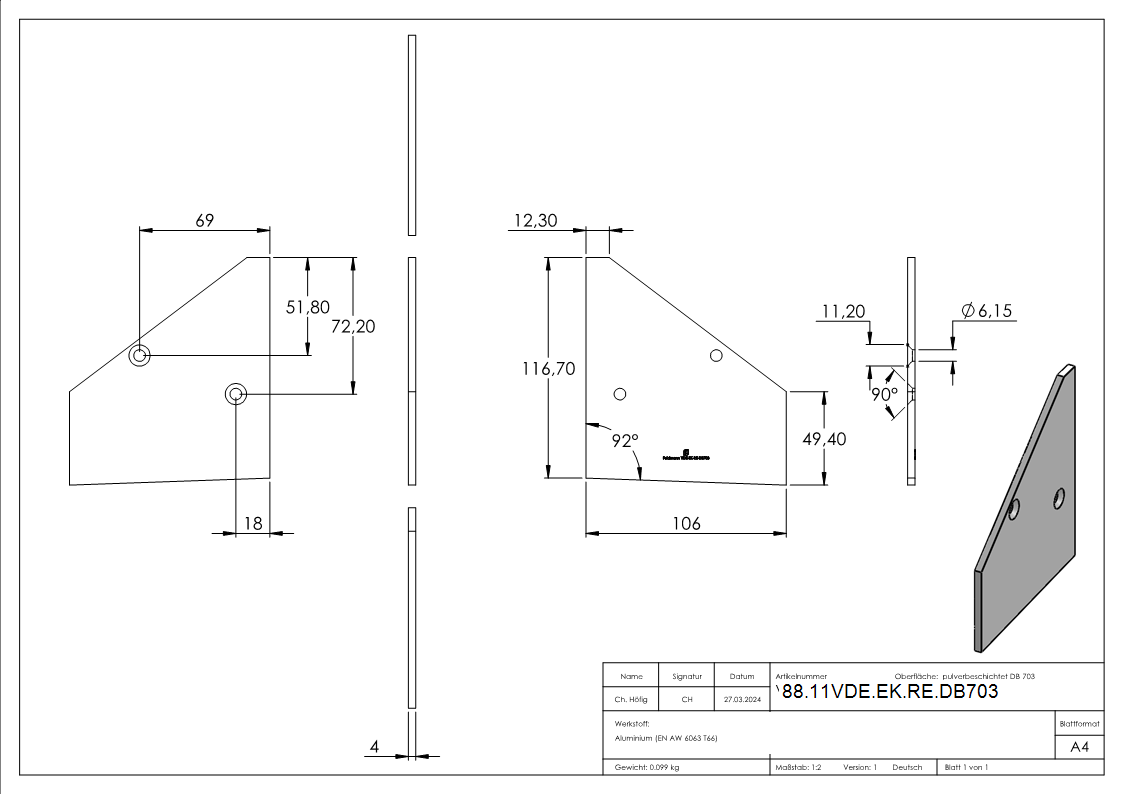 Endkappe Aluminium fuer Vordachprofil eleganza canopy rechts DB703-88-11VDE-EK-RE.DB703