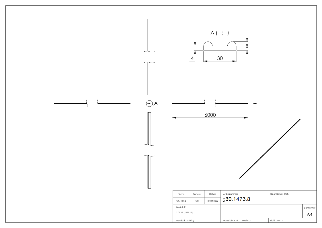 Hespeneisen 30x8x4 mm Profilstahl 6000mm S235JR roh-30-1473.8