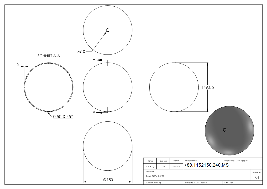 Messinghohlkugel Edelstahl V2A Messing beschichtet Ø 150 mm mit M10 Gewinde-88-1152150-240.MS