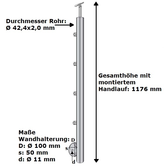 Gelaenderpfosten Edelstahl AISI 304 900mm D42-4mm Seitenverankerung Treppe 4x D12mm-14-0070RR-A.4