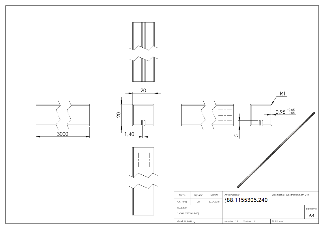 Klemmprofil Edelstahl V2A 20x20x1-0 mm L 3000 mm geschliffen Korn 240-88-1155305.240