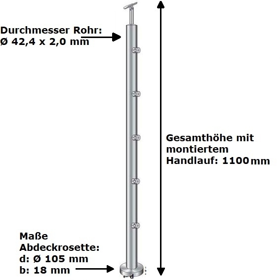 Gelaenderpfosten V2A D 42-4 mm 1000 mm Topmontage Treppe 5 Fuellstabhalter D 12 mm-14-0075RR-A.4