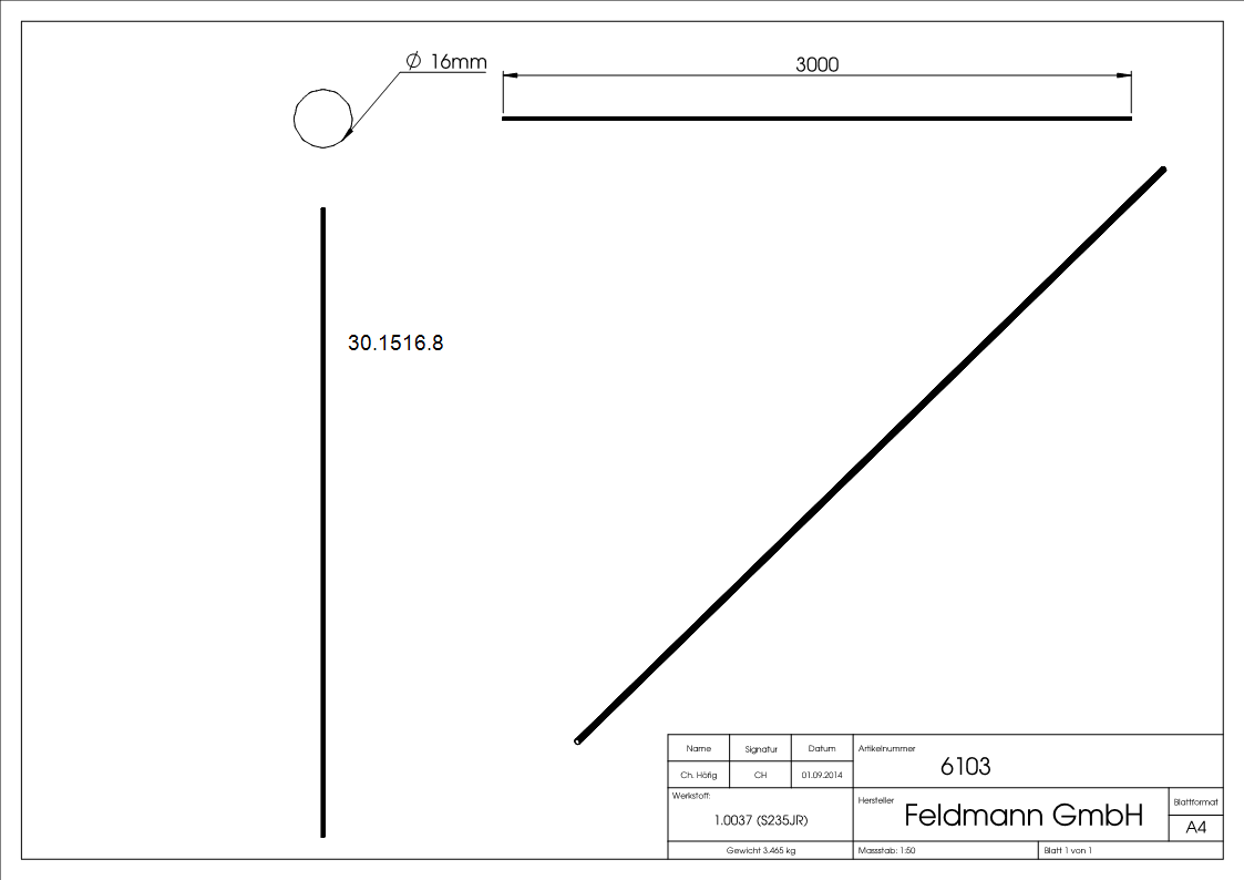 Rundeisen geschmiedet Ø 16 mm Laenge- 3000 mm Stahl -Roh- S235JR-30-1516.8