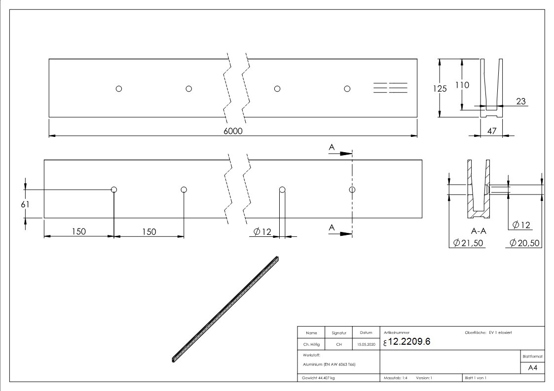 Alu-Profil - MASSIV - Laenge- 6000 mm - seitliche Montage - Aluminium-12-2209.6