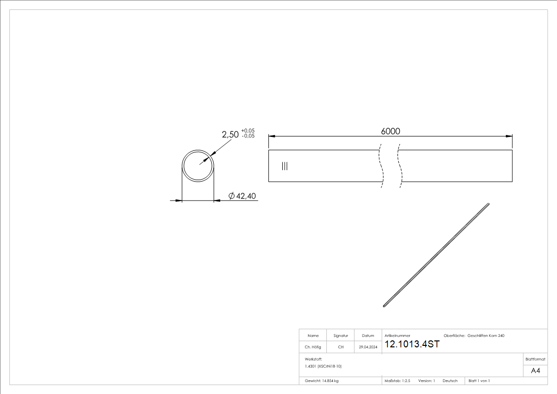 Rundrohr Ø 42-4 x 2-6 mm geeignet fuer Steckverbindungen á 6 m Edelstahl-12-1013.4ST
