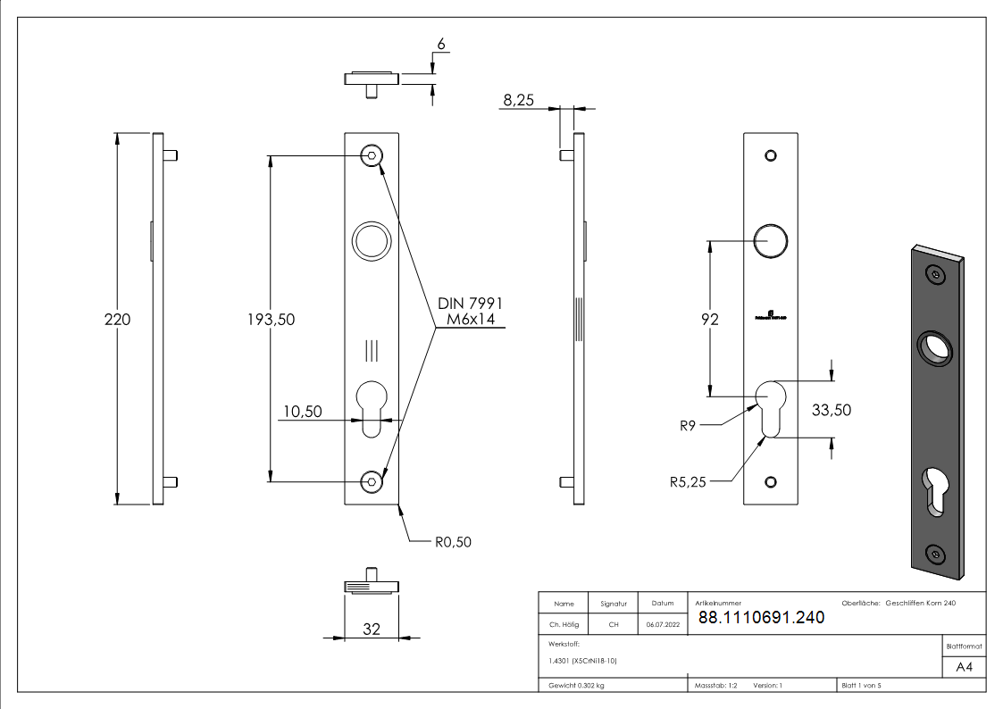 Langschild Edelstahl V2A 32 x 220 x 6 mm geschliffen Korn 240-88-1110691.240