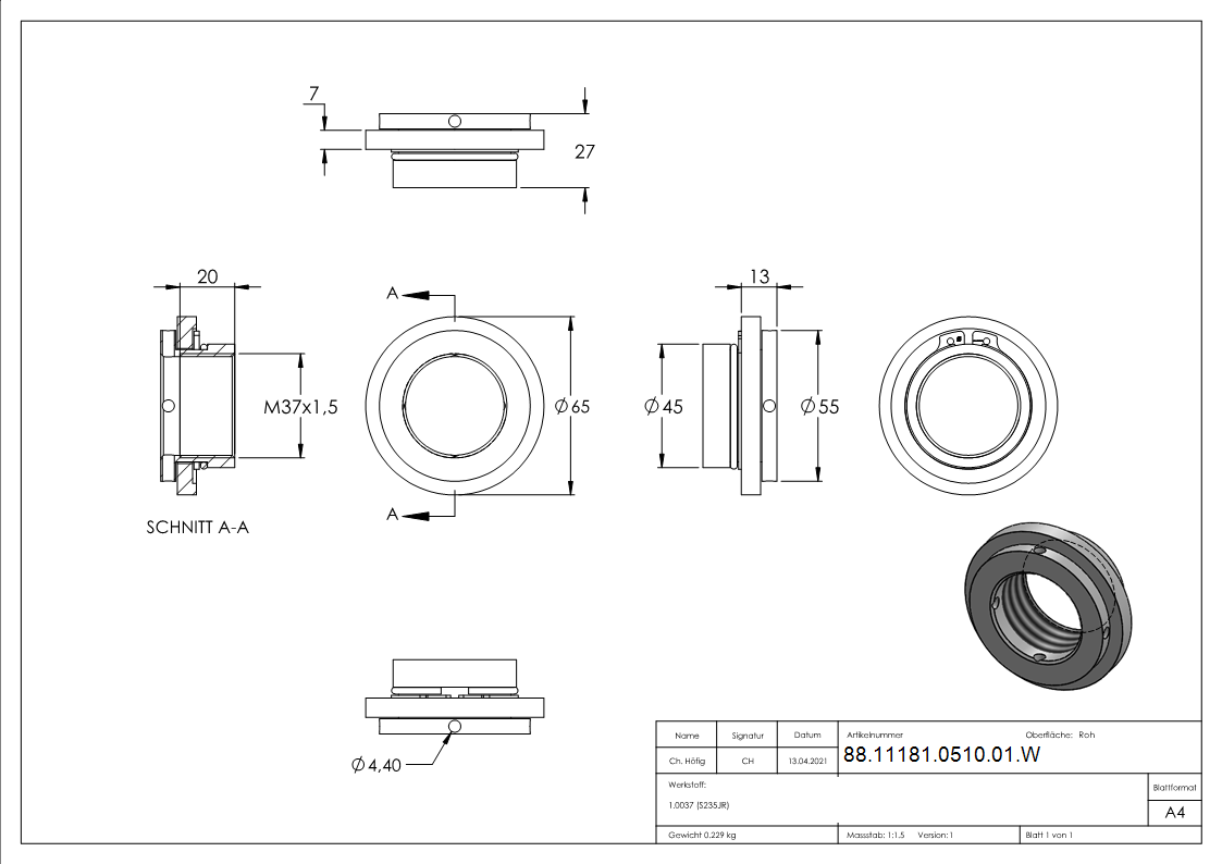 Montageplatte Stahl rund Ø 65 mm zum Anschweissen fuer Torbaender-88-11181-0510-01.W
