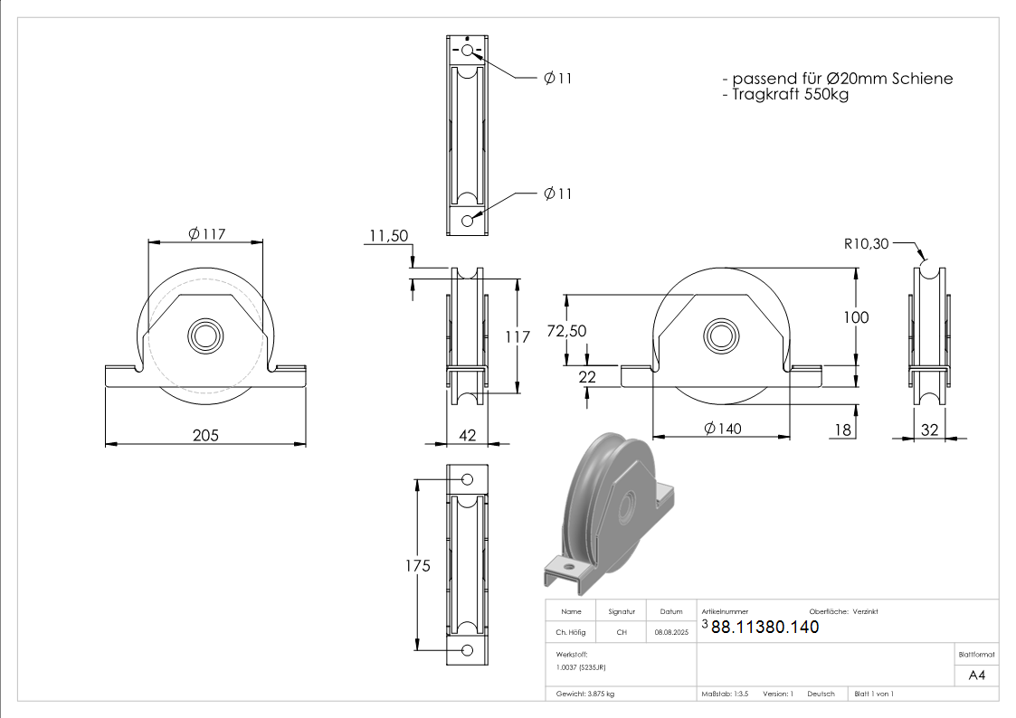 Schiebetorrolle Stahl galvanisch verzinkt  140 mm fr Schiene  20 mm 2 Kugellager-88-11380.140