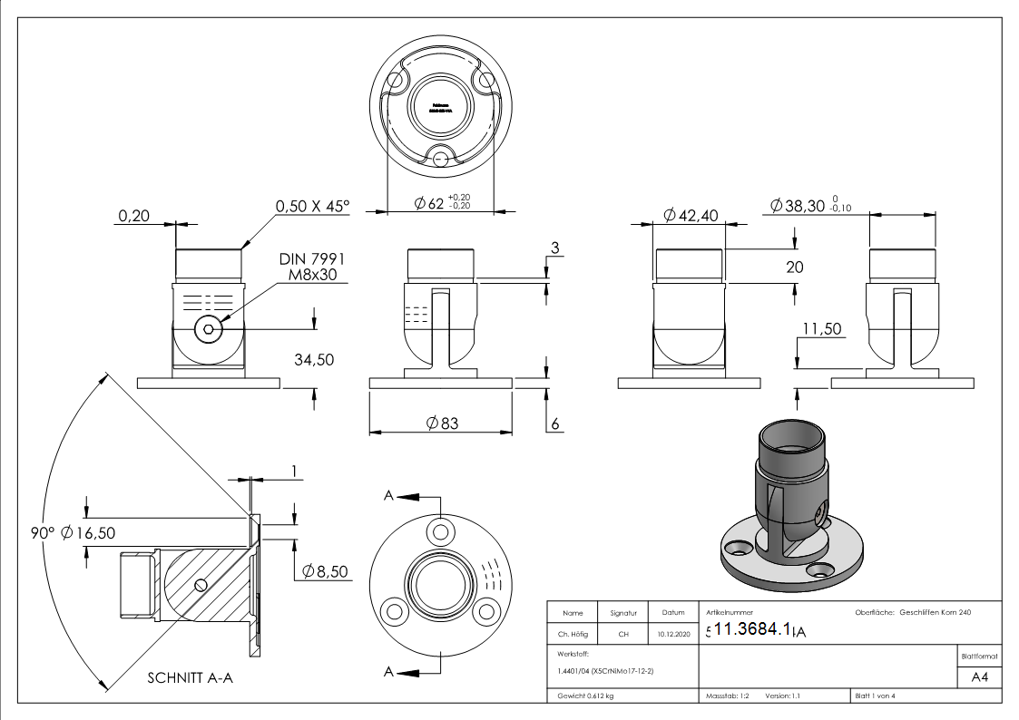 Wandhalter flexibel fuer Rundrohr Ø 42-4x2-0 mm - V4A-11-3684.1