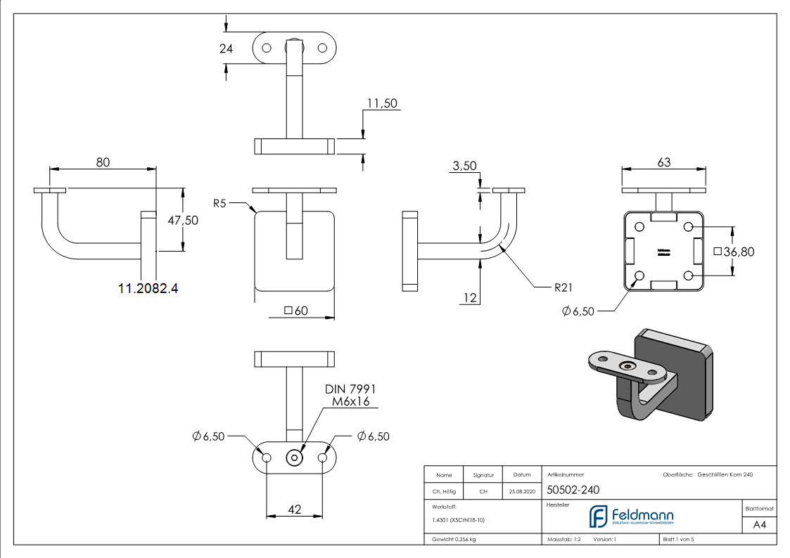 Handlaufhalter mit Cliprosette und Halteplatte fuer Vierkantrohr V2A-11-2082.4